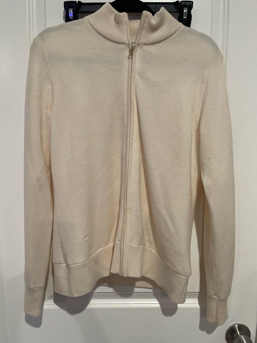 Fairway & Greene Cream Zip Cardigan with Ribbed Collar